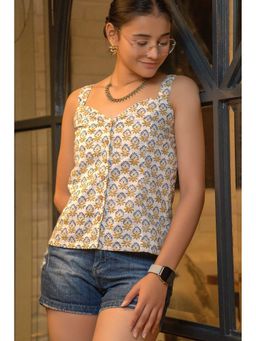 NILAM INDIA - Kayra Hand Block Printed Yellow Cassia Corset Top (S)