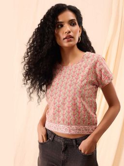 NILAM INDIA - Mia Hand Block Printed Cap Sleeve Crop Top (XS)