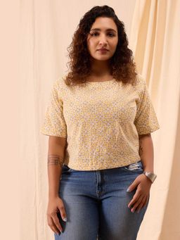 NILAM INDIA - Aditi Hand Block Printed Geometric Half Sleeve Top (XS)