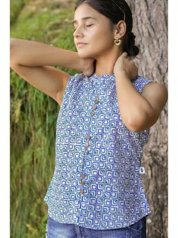 NILAM INDIA - Pihu Hand Block Printed Blue Geometric Top (M)
