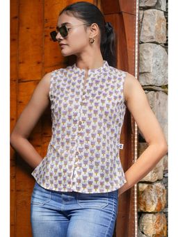 NILAM INDIA - Pihu Hand Block Printed Violet Lotus Top (S)