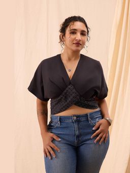 NILAM INDIA - Zoya Black Hand Block Printed Pleated Top (XS)