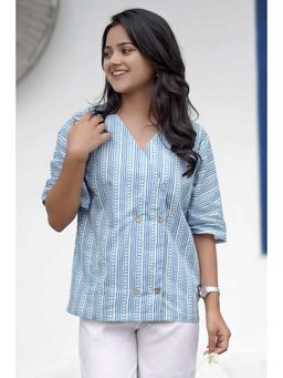 NILAM INDIA - Pihu Geometric Blue Button Top (S)
