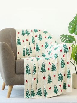 PLUCHI - X-Mas Tree Natural, Green & Red 100% Cotton Knitted All Season Ac Throw Blanket