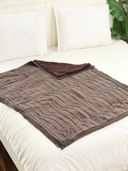 PLUCHI - Twist Cable Cotton Knitted Throw Blanket With Warm Sherpa (Brown)