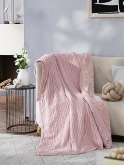 PLUCHI - Cable Knit Cotton Knitted Throw Blanket With Warm Sherpa (Cameo Pink)
