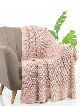 PLUCHI - Popcorn Knit Cameo Pink Color Cotton Knitted Throw /Blanket For Round The Year Use