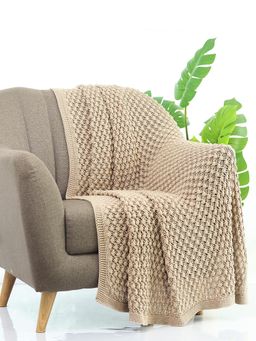 PLUCHI - Popcorn Knit Light Beige Melange Color Cotton Knitted Throw /Blanket For Round The Year Use