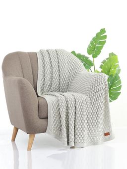PLUCHI - Popcorn Knit Vanilla Grey Melange Color Cotton Knitted Throw /Blanket For Round The Year Use