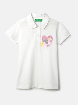 United Colors of Benetton - Girls White Short Sleeve Unicorn Polo T-shirt - Off White