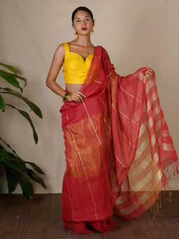 Chidiyaa - Pink Eknoor Jyotsna Handwoven Linen Zari Saree without Blouse