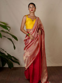 Chidiyaa - Red Eknoor Abhati Handwoven Linen Zari Saree without Blouse