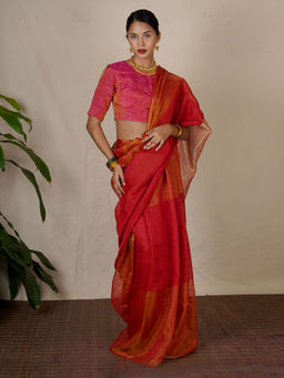 Chidiyaa - Orange Eknoor Chandni Handwoven Linen Zari Saree without Blouse