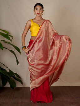 Chidiyaa - Red Eknoor Bibha Handwoven Linen Zari Saree without Blouse