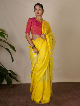 Chidiyaa - Yellow Eknoor Arunima Handwoven Linen Zari Saree without Blouse