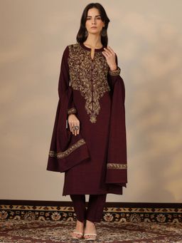 Libas - Embroidered wool Straight Kurta with Pant and Dupatta for Women