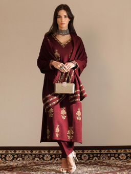 Libas - Embroidered wool Straight Kurta with Pant and Dupatta for Women