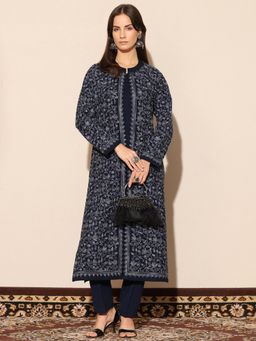 Libas - Embroidered wool Straight Kurta with Inner and Pant for Women - Navy Blue