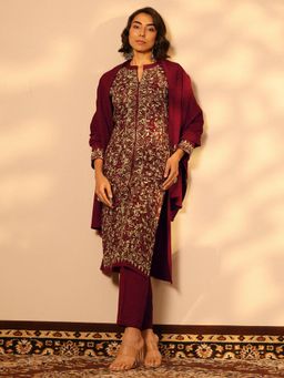 Libas - Embroidered wool Straight Kurta with Pant and Dupatta for Women