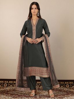 Libas Art - Embroidered Silk blend Straight Kurta with Pant and Dupatta for Women