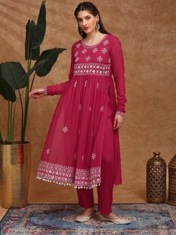 Globus - Women Red Pleated High-Slit Pom Pom Hem A-Line Kurta and Pant Set