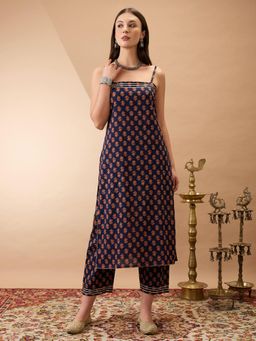 Globus - Women Navy Blue Floral Print Gotta Straight Kurta with Pant Set