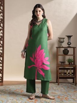 Globus - Women Green V-Neck Sleeveless Floral Print Straight Kurta with Pant Set