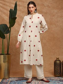 Globus - Women Off White Bishop Sleeves Button Down Straight Kurta with Pant Set