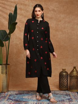 Globus - Women Black Bishop Sleeves Button Down Straight Kurta with Pant Set