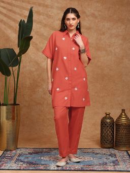 Globus - Women Orange Shirt Collar Extended Sleeves Floral Straight Co-ord Set