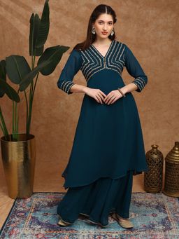 Globus - Women Teal V-Neck Yoke Georgette A-Line Kurta with Sharara Festive Set