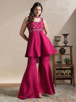 Globus - Women Fuchsia Pink Sequin Embroidered Yoke Festive Co-ord Set