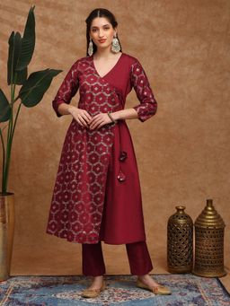 Globus - Women Maroon Floral Foil Print Angrakha A-Line Kurta with Pant Festive Set