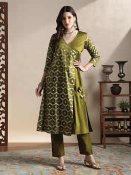 Globus - Women Olive Floral Foil Print Angrakha A-Line Kurta with Pant Festive Set