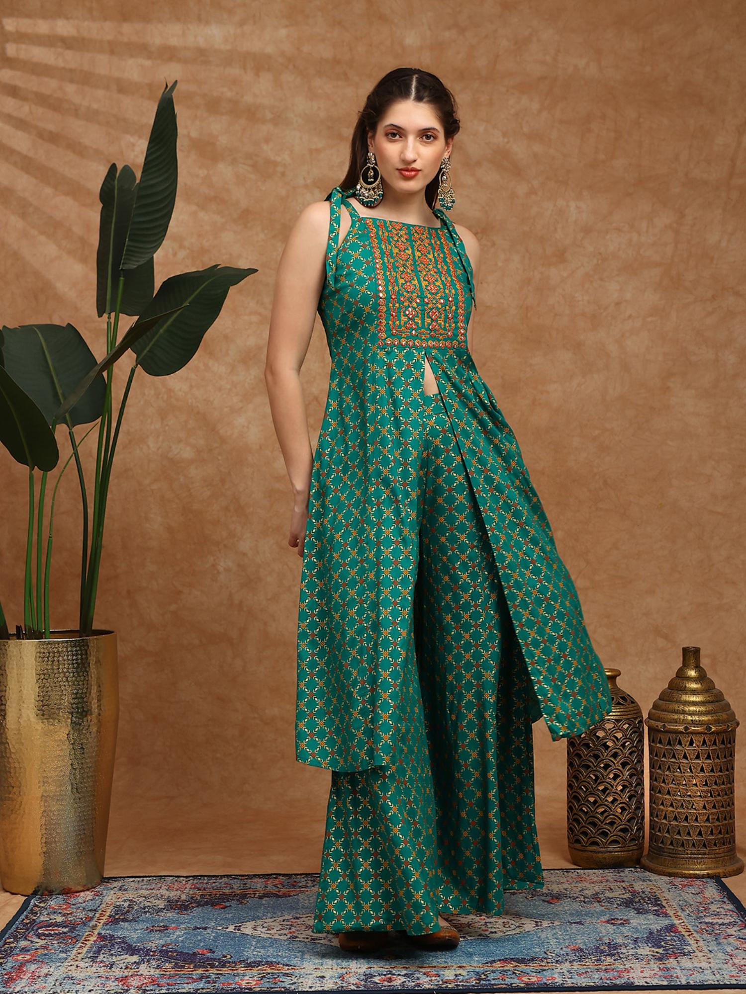 globus Women Green Coin Detail Yoke Ethnic Festive Co-ord Set-picture-17