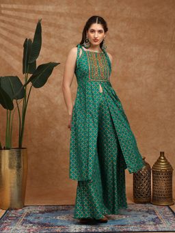 Globus - Women Green Coin Detail Yoke Ethnic Festive Co-ord Set