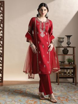 Globus - Women Maroon Yoke Straight Kurta with Pant and Dupatta Festive Set