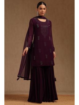 Soch - Womens Wine Georgette Kurta with Sharara and Dupatta