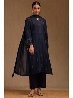 Soch - Womens Navy Blue Dola Silk Mukaish Kurta with Pant and Dupatta