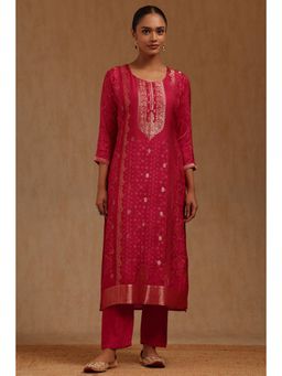 Soch - Womens Fuchsia Dola Silk Bandhani Print Zari Woven Kurta with Pant