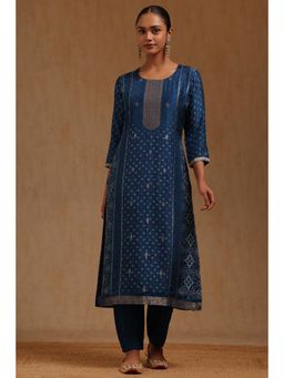 Soch - Womens Navy Blue Dola Silk Bandhani Print Kurta with Pant