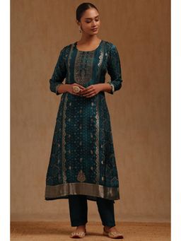 Soch - Womens Teal Green Dola Silk Bandhani Print Kurta with Pant