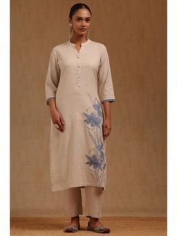 Soch - Womens Beige Linen Floral Print Kurta with Pant