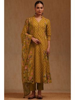 Soch - Womens Yellow Cotton Floral Print Sequins Kurta with Pant and Dupatta