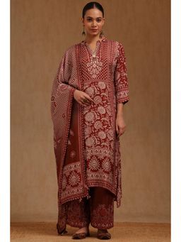 Soch - Womens Rust Muslin Botanical Print Kurta with Palazzo and Dupatta Set