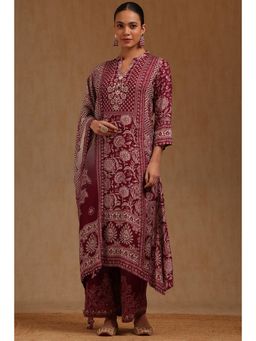 Soch - Womens Wine Muslin Botanical Print Kurta with Palazzo and Dupatta Set