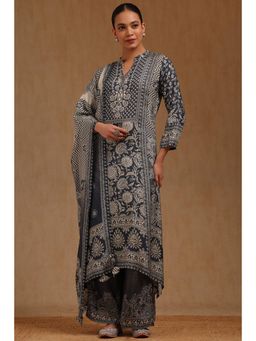 Soch - Womens Grey Muslin Botanical Print Kurta with Palazzo and Dupatta Set