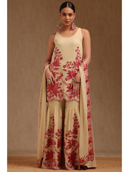 Soch Womens Red Georgette Floral Print Kurta with Sharara and Dupatta