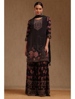 Soch - Womens Black Crepe Floral Print Kurta with Sharara and Dupatta
