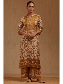 Soch - Womens Mustard Dola Silk Floral Print Kurta with Palazzo Set
